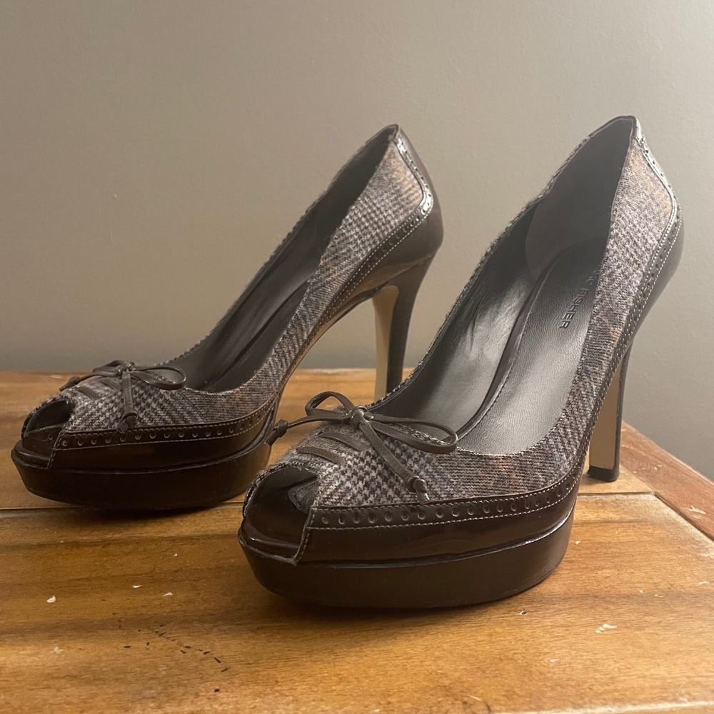 Marc Fisher 'Vica' Peep Hole Platform Pumps - Brown Patent Leather and Plaid - 7